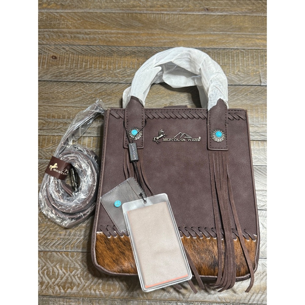 Montana West Tote Bag Womens Small Brown NWT Fringe Hair-on-Hide MW1368-8360CF - Picture 8 of 9